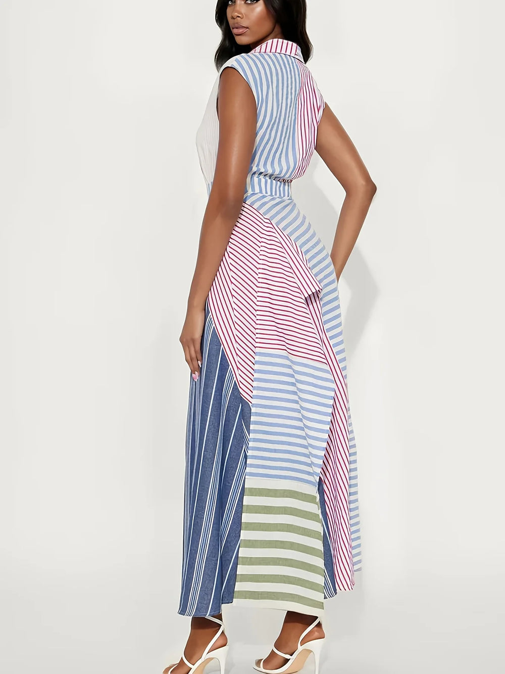 Patchwork stripe v-neck maxi dress back view