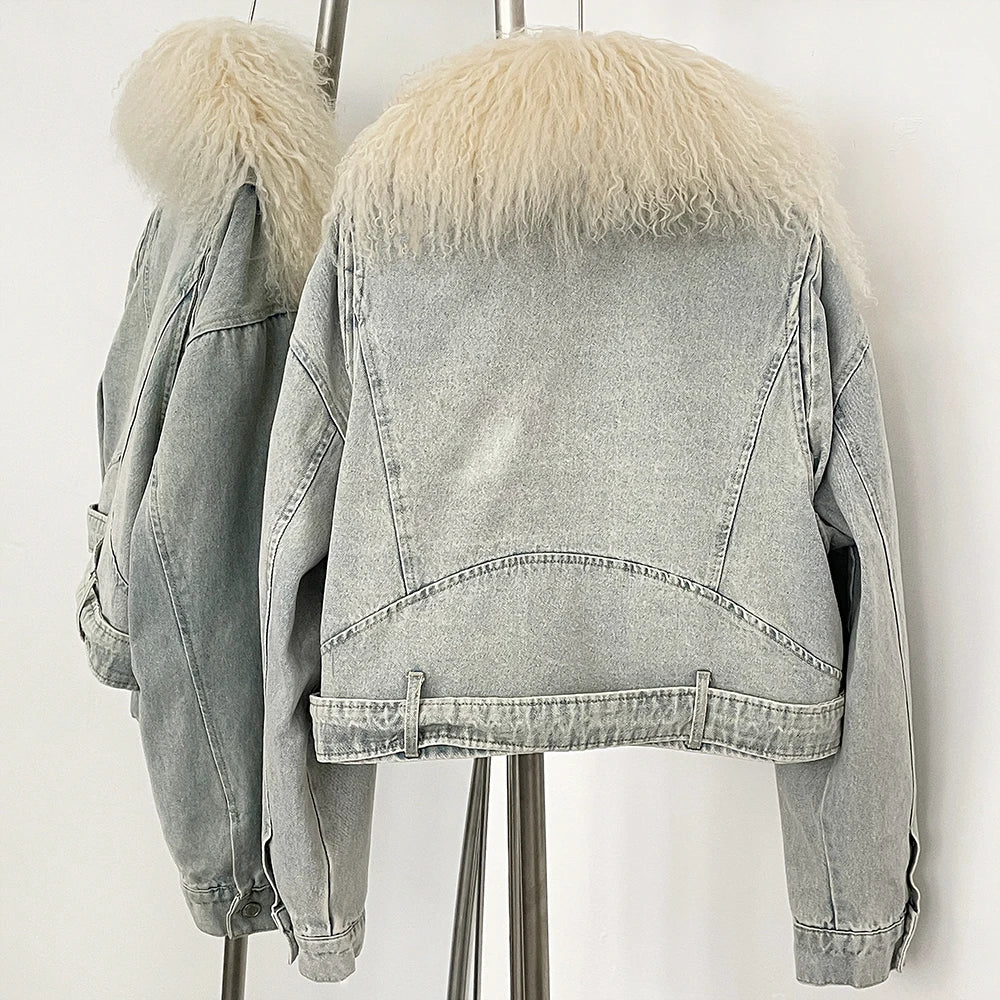 Light blue denim jacket with fur hood on a stand against a white background