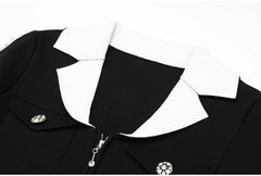 Close-up of the white collar and zipper detail on a black knit jacket.