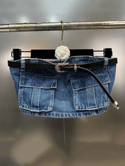 Belted Denim Short High Waist Splice Pocket Cargo Jeans Set