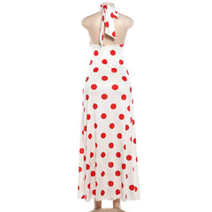White Satin Red Polka Dot Turtleneck Maxi Dress