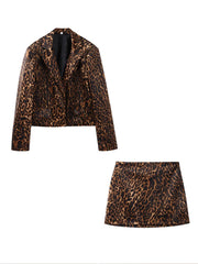 Leopard Print Jacket & Mini Skirt Set – Vintage Women’s Autumn Winter Outfit