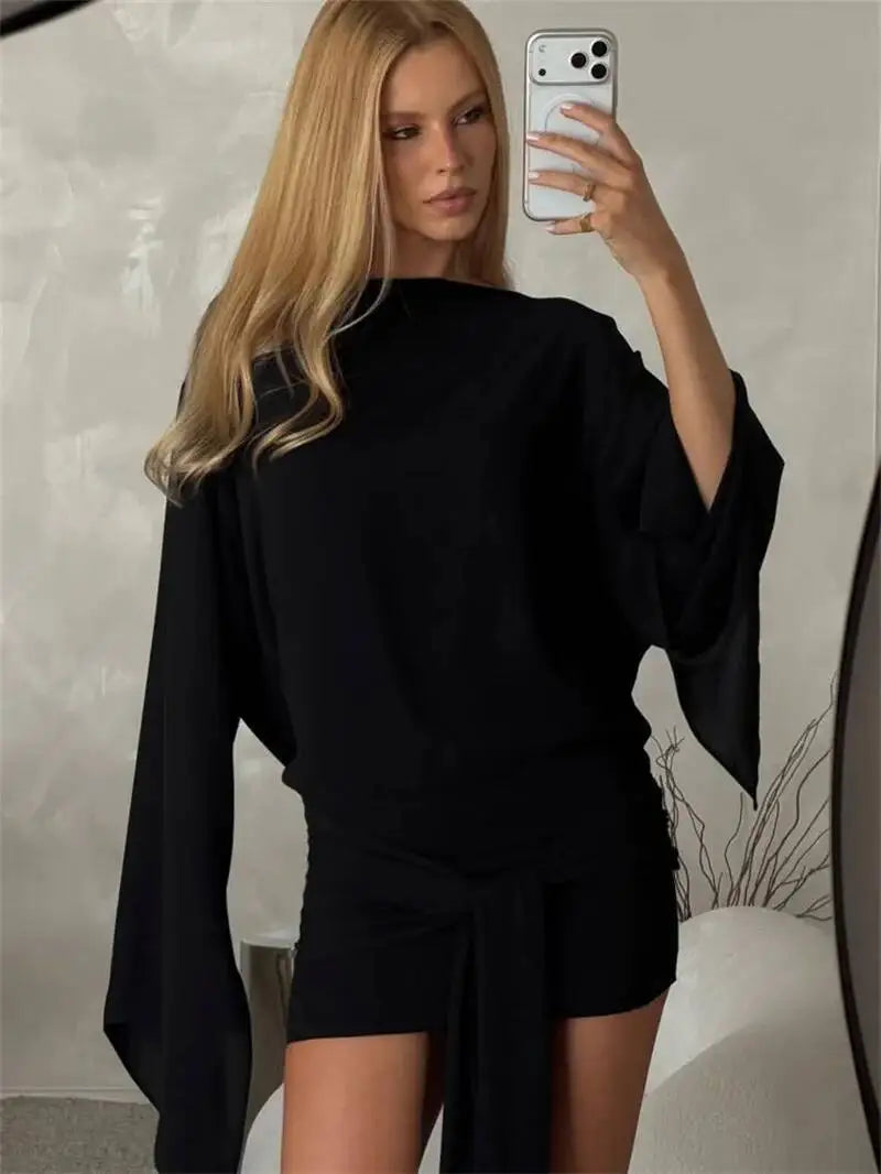 Black deep V neck cowl drape mini dress