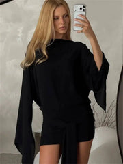 Black deep V neck cowl drape mini dress