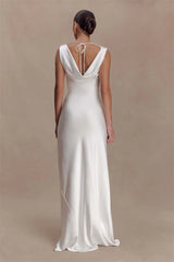 Off-Shoulder Cowl Neck Maxi Dress with Draped Front