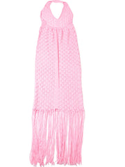 Pink halter neck dress with fringe details on a white background