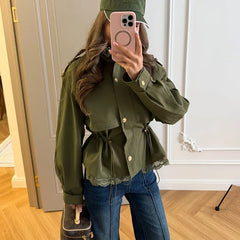 Utility Stand Collar Button Drawstring Peplum Jacket