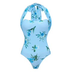 Front view of a blue floral print halter neck one-piece swimsuit.