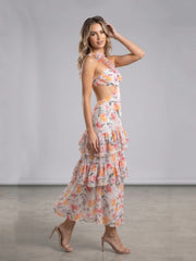 Floral Asymmetrical Cut-Out Ruffle Dress