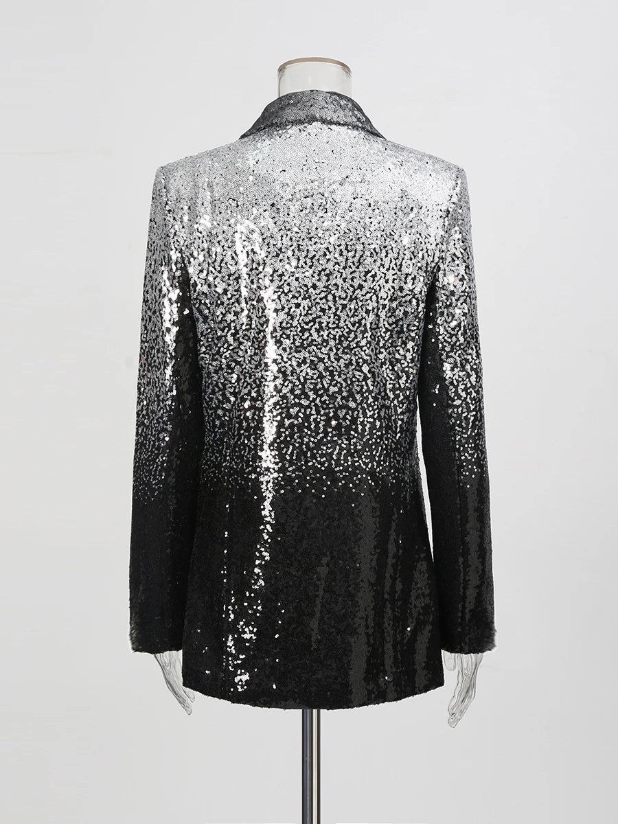 Black sequin jacket on a mannequin against a white background