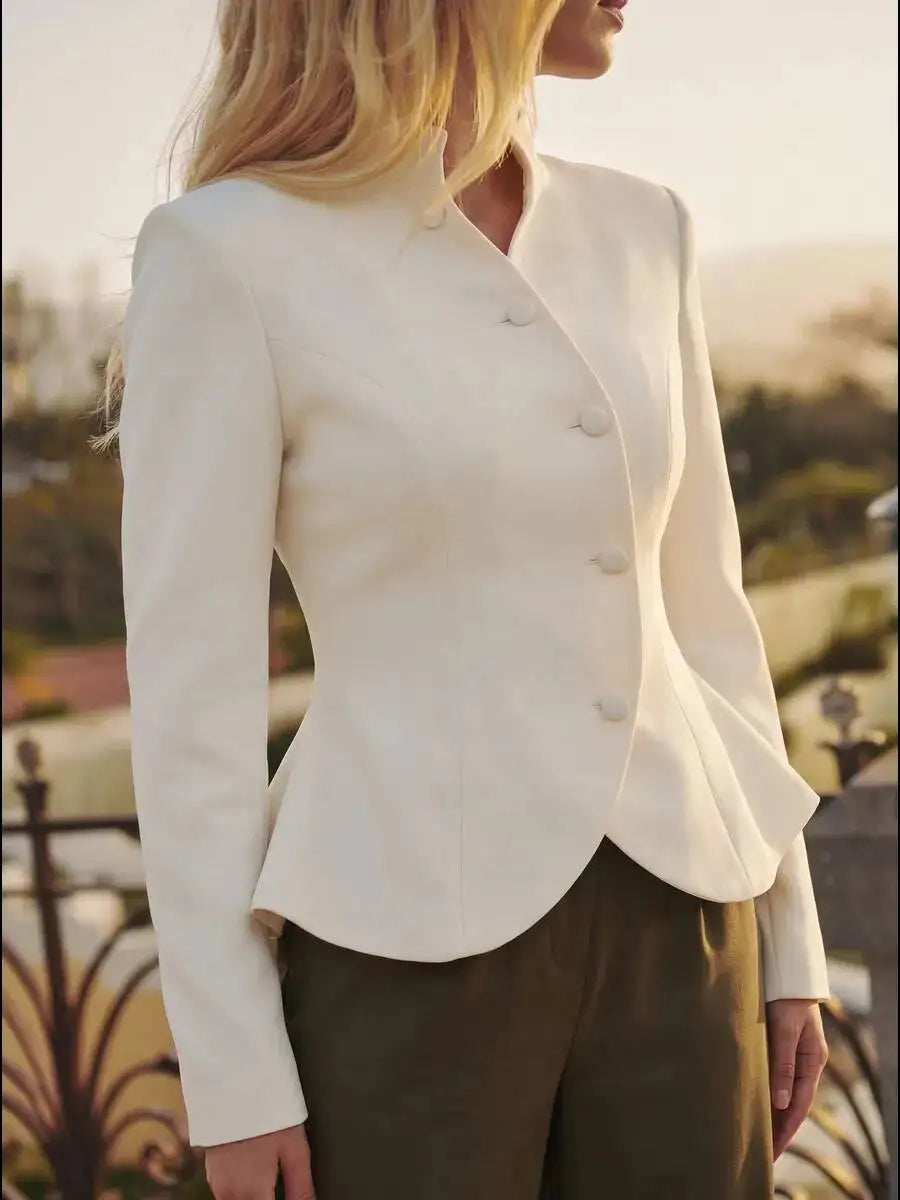White Mandarin Collar Peplum Blazer Outdoors