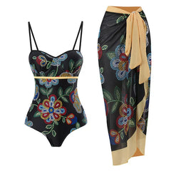 Bustier One-Piece Swimsuit and Wrap Skirt Set