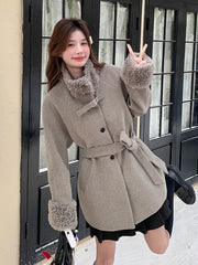 Turtleneck Adjustable Waist Spliced Wool Coat