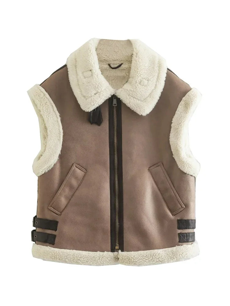 Brown vest with white fur collar and trim 