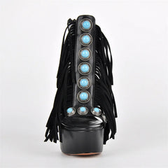 Front view of black fringe platform stiletto sandals with turquoise jewels