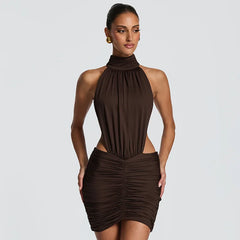 Halter Neck Ruched Side Cut Out Mini Dress