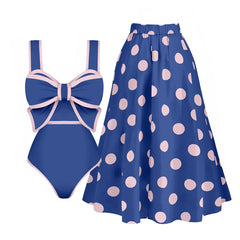 Bow Detail Polka Dot Tankini Swimsuit with Skirt