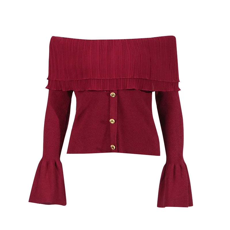 Red off-shoulder top with ruffled details and gold buttons on a white background