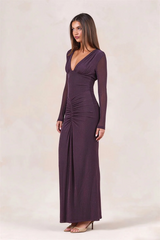 Sequin V-neck Ruched Detail Long Sleeve Maxi Dress