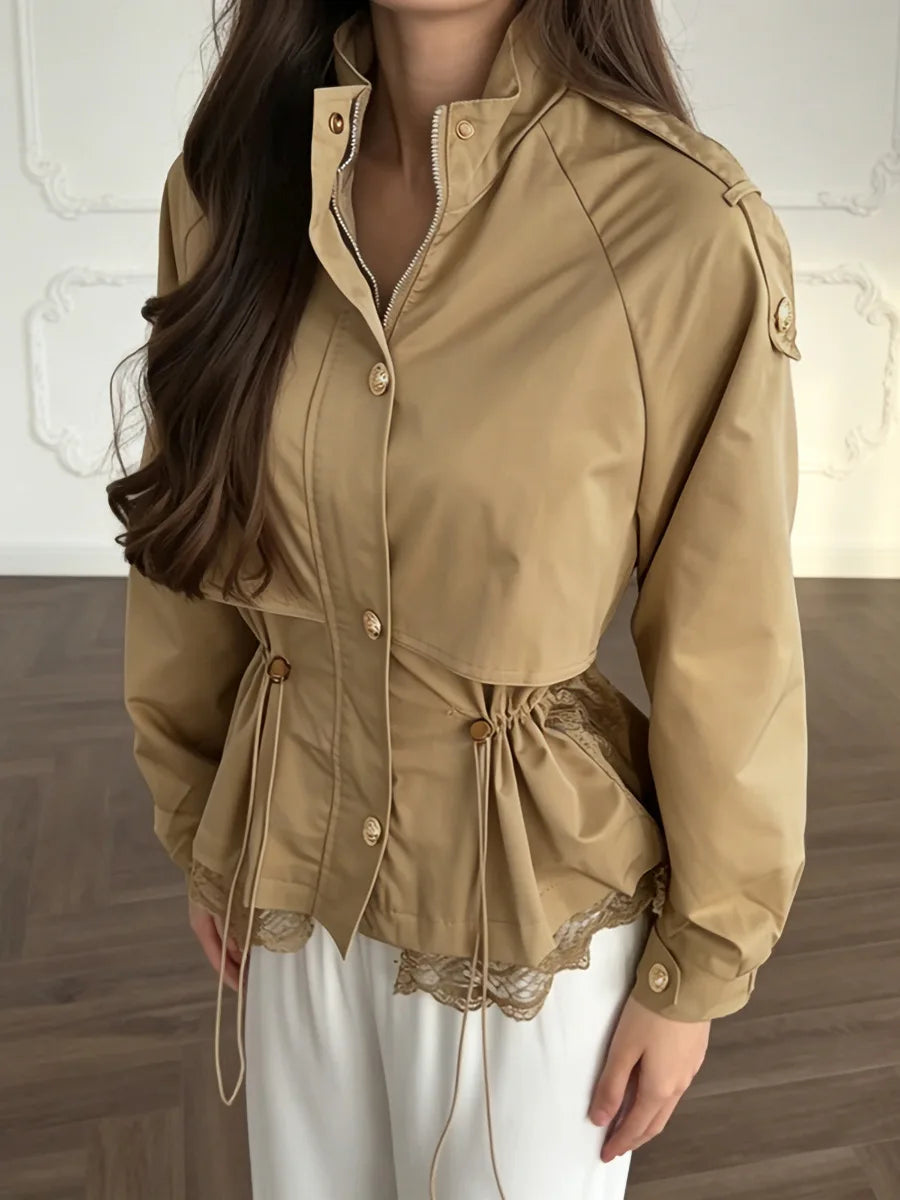 Khaki lace trim peplum utility jacket