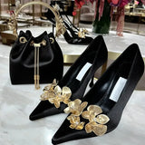 Black Gold Metallic Flower Pumps Fine High Heel Shoes