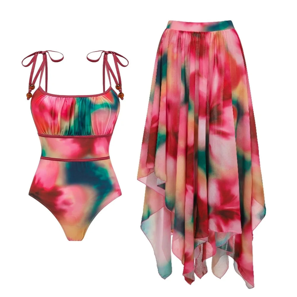 Abstract print swimwear set with tie straps