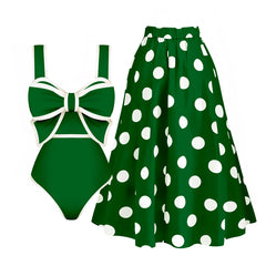 Bow Detail Polka Dot Tankini Swimsuit with Skirt