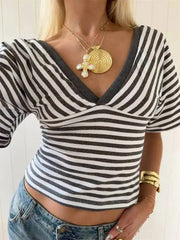V-Neck Striped Knit Cropped Top with Dolman Sleeves