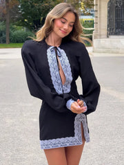 Black Long Sleeve Lace Hollow Out Split Mini Dress