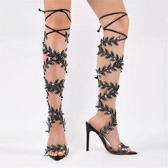 Crystal leaf lace-up stiletto sandals on legs