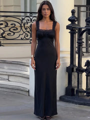 Lace Trim Square Neck Satin Maxi Dress