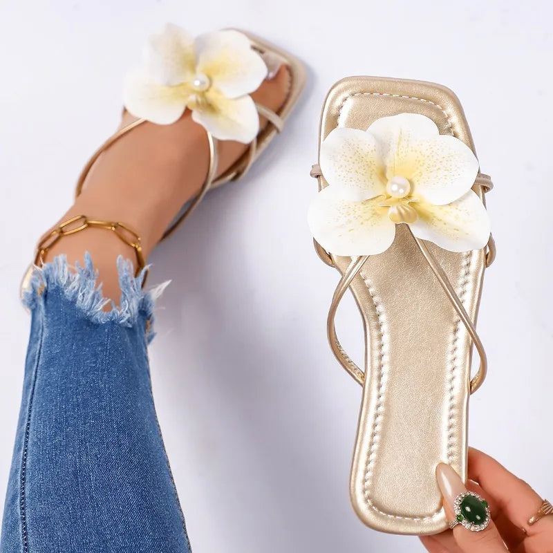 Gold floral square toe slides