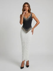 Beaded V-Neck Top and Ruched Skirt Set