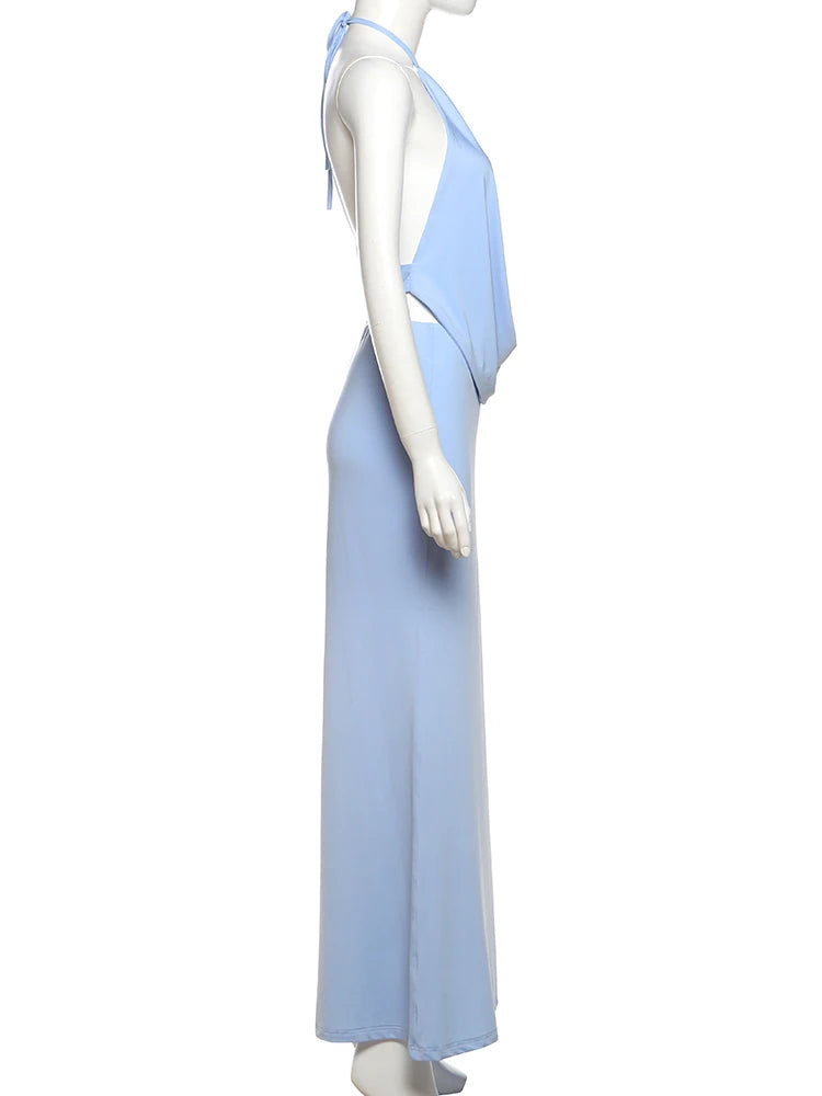 Mannequin wearing a light blue dress on a white background