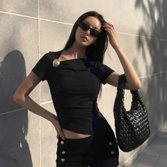 Asymmetric Neckline Button Detail Top