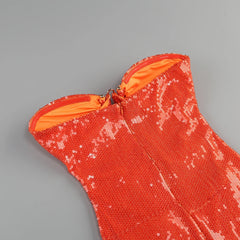 Orange Sequin Strapless Cutout Midi Dress
