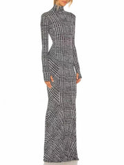 Floor-length plaid dress shown with a slim silhouette
