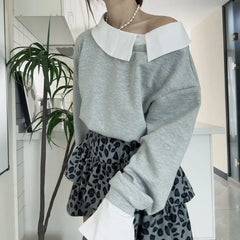 Irregular Skew Collar Contrasting Color Sweatshirt