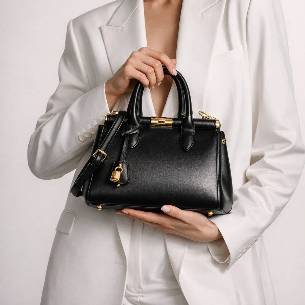Structured lock top handle bag held by a person in a white blazer.