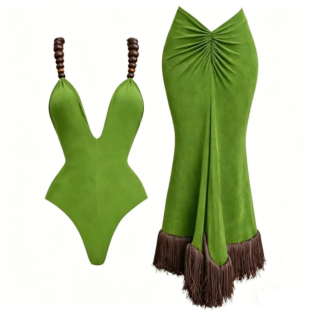 Green swimsuit with brown fringes on a white background