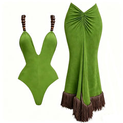 Green swimsuit with brown fringes on a white background