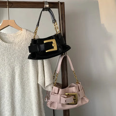 Ruched Microfiber Baguette Shoulder Bag – Black, Ivory & Blush Pink