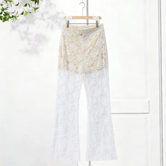 White Sleeveless Mock Neck Lace Long Slit Top And Pants Set