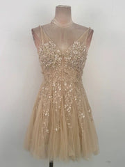 Sheer Beige Floral Embellished V-Neck Mini Dress