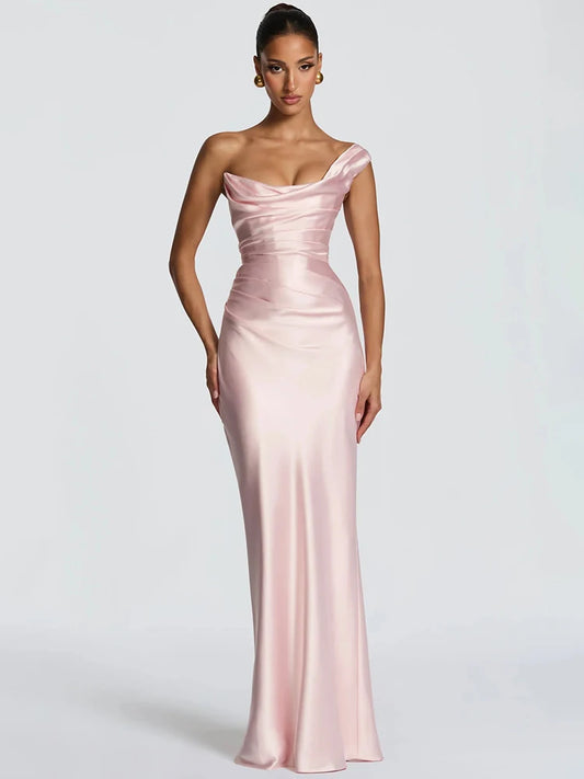 One shoulder cowl neck maxi dress in pink satin