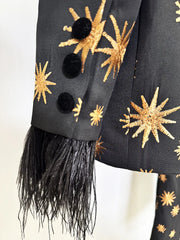 Star Embroidered Feather Trim Blazer and Flare Pant Set