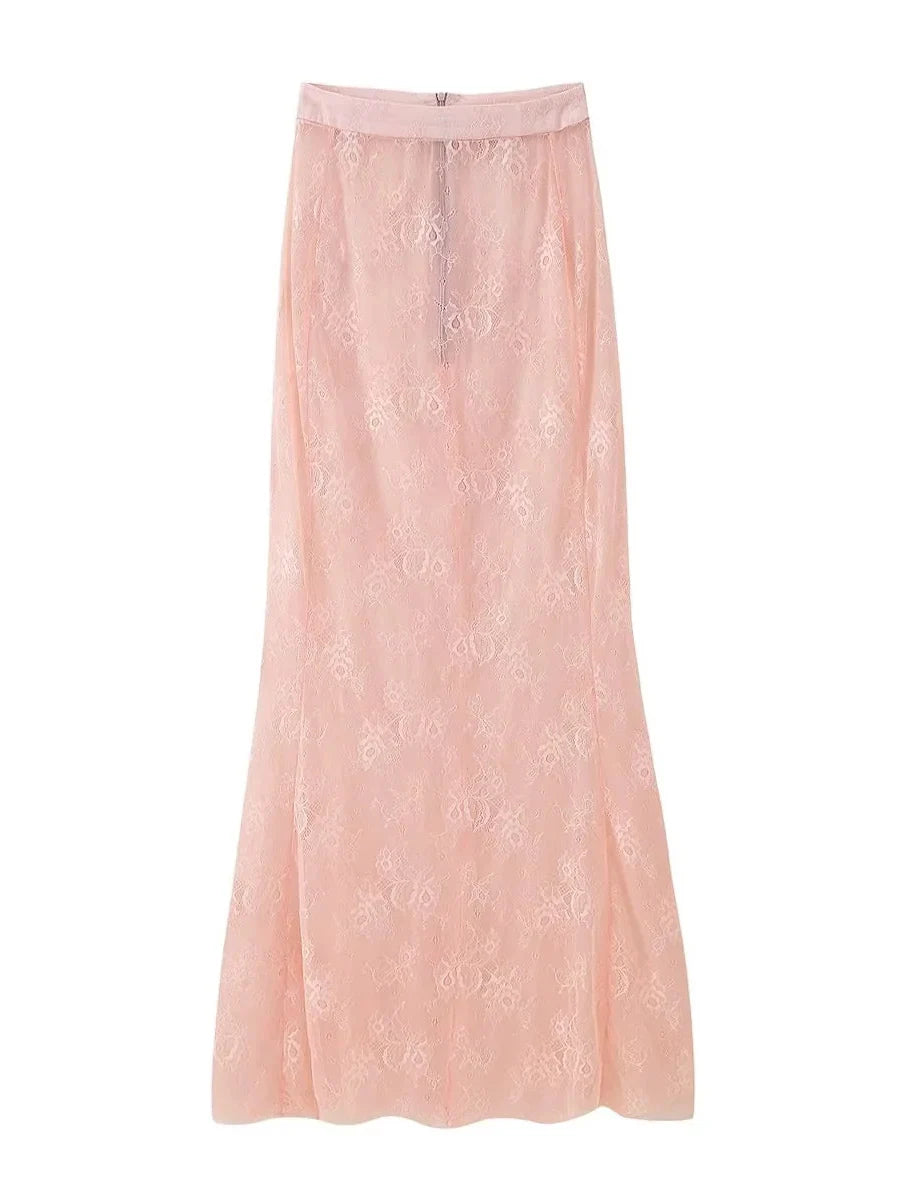 Pink lace skirt on a white background