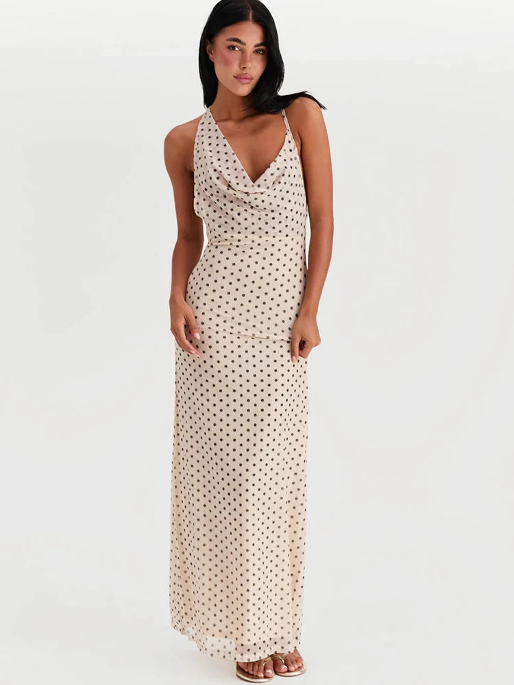 Polka dot maxi dress with backless design and spaghetti straps for evening parties