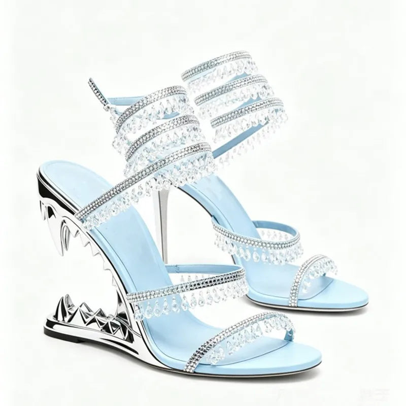 Light blue crystal cutout wedge heel sandals with wraparound ankle strap