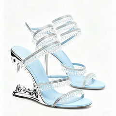 Light blue crystal cutout wedge heel sandals with wraparound ankle strap
